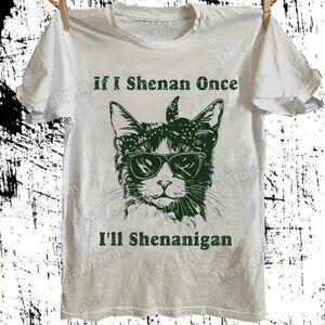 Cat Graphic T-Shirt Green Print White Cotton Plus Size XL Unisex Oversized